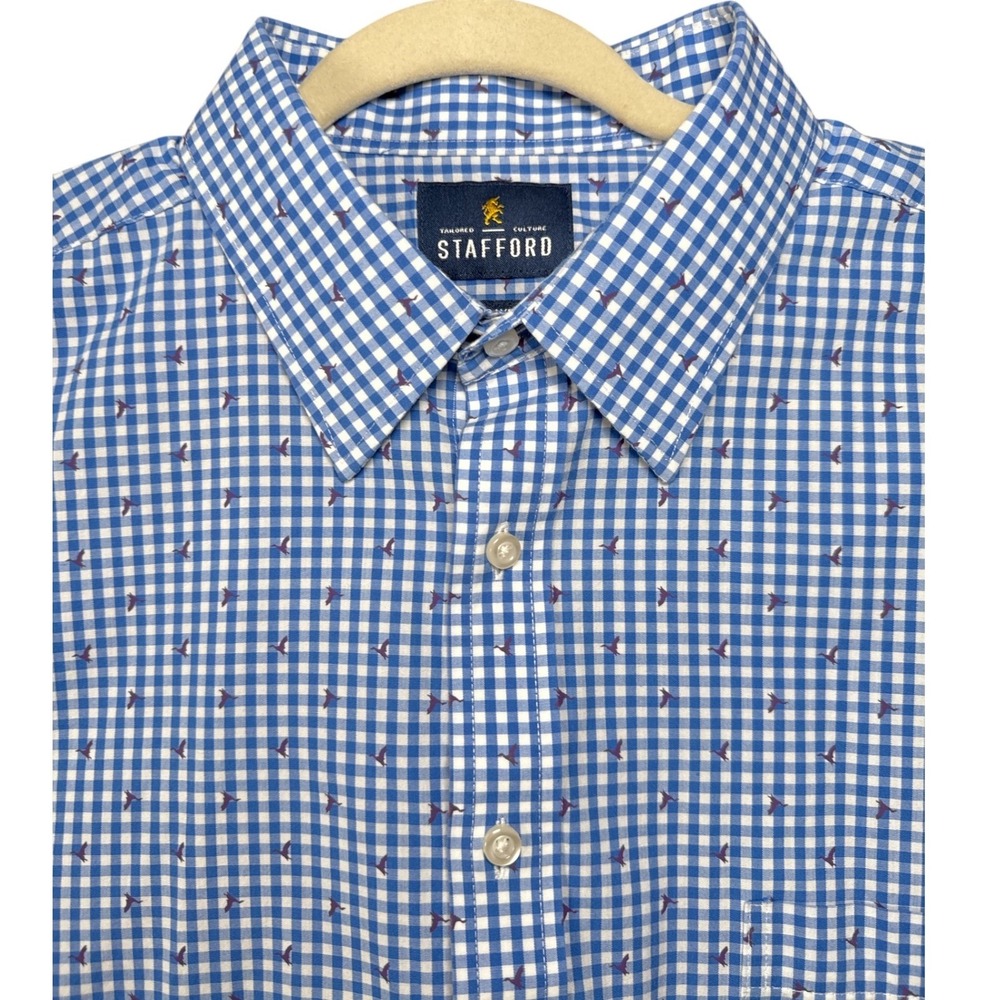 Stafford Travel Performance Super Shirt Regular Fit Men Sz 17 32-33 Gingham Bird